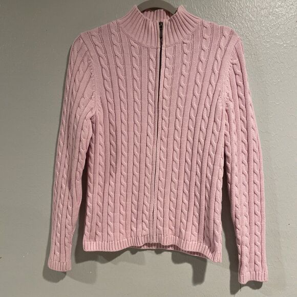 LL Bean Sweater Women's Size M Pink Cable Knit Cardigan Full Zip Ribbed Neck - Picture 1 of 8